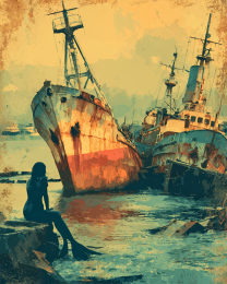 Vintage Mermaid Looking at Her Handiwork - Coastal Art Print