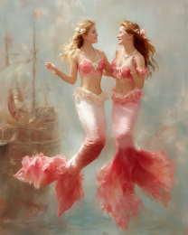 Two Pink Mermaids - Coastal Art Print