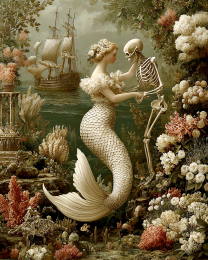 Vintage Victorian Style Mermaid Dancing with Her Old Beau - Coastal Art Print