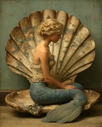 Mermaid Maiden in Scallop Shell - Coastal Art Print