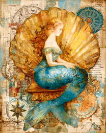 Mermaid in Scallop Shell - Coastal Art Print