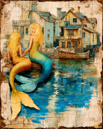 Mermaids on a Dock - Coastal Art Print