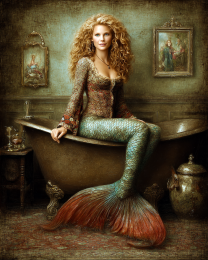 Mermaid on Bathtub in Farmhouse Bathroom - Coastal Art Print