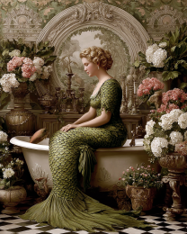 Vintage Mermaid on Bathtub in Victorian Bathroom - Coastal Art Print