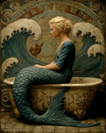 Vintage Mermaid on Bathtub in Storm Waves Bathroom - Coastal Art Print