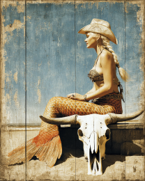 Vintage Cowgirl Mermaid Painting on Old Wood - Coastal Art Print