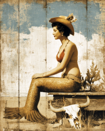 Vintage Cowgirl Mermaid Sitting on Dock - Coastal Art Print