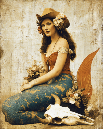 Vintage Cowgirl Mermaid and Steer Skull Painting on Old Wood - Coastal Art Print