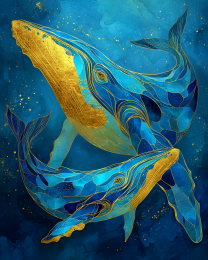 Gold & Blue Whales - Ocean Life Art Print