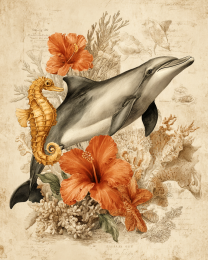 Vintage Naturalist Style Dolphin Seahorse Still-Life - Ocean Life Art Print