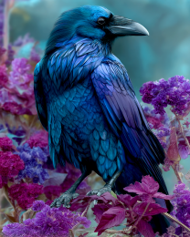 Purple Flowers Raven Art Print