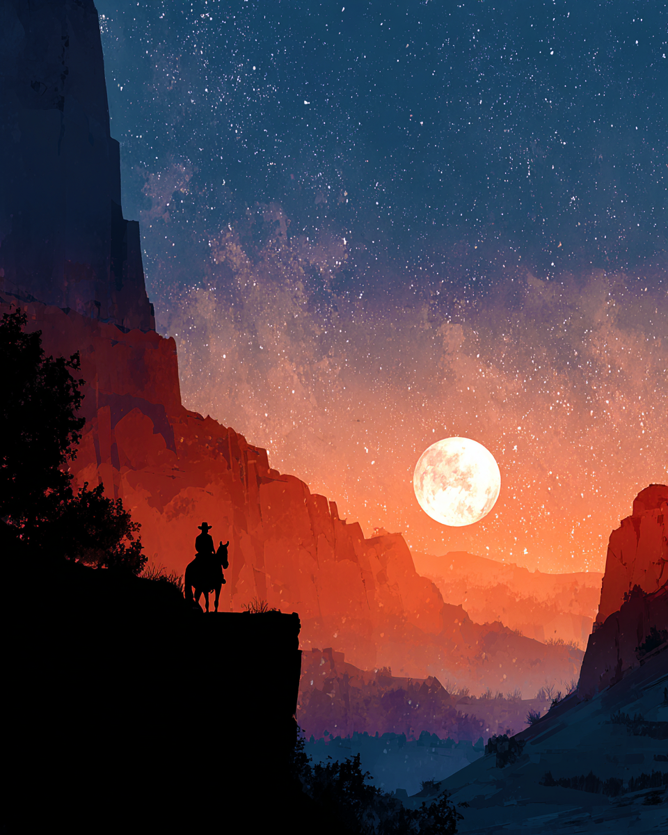 Cowboy on Cliff at Sunset Southwestern Art Print