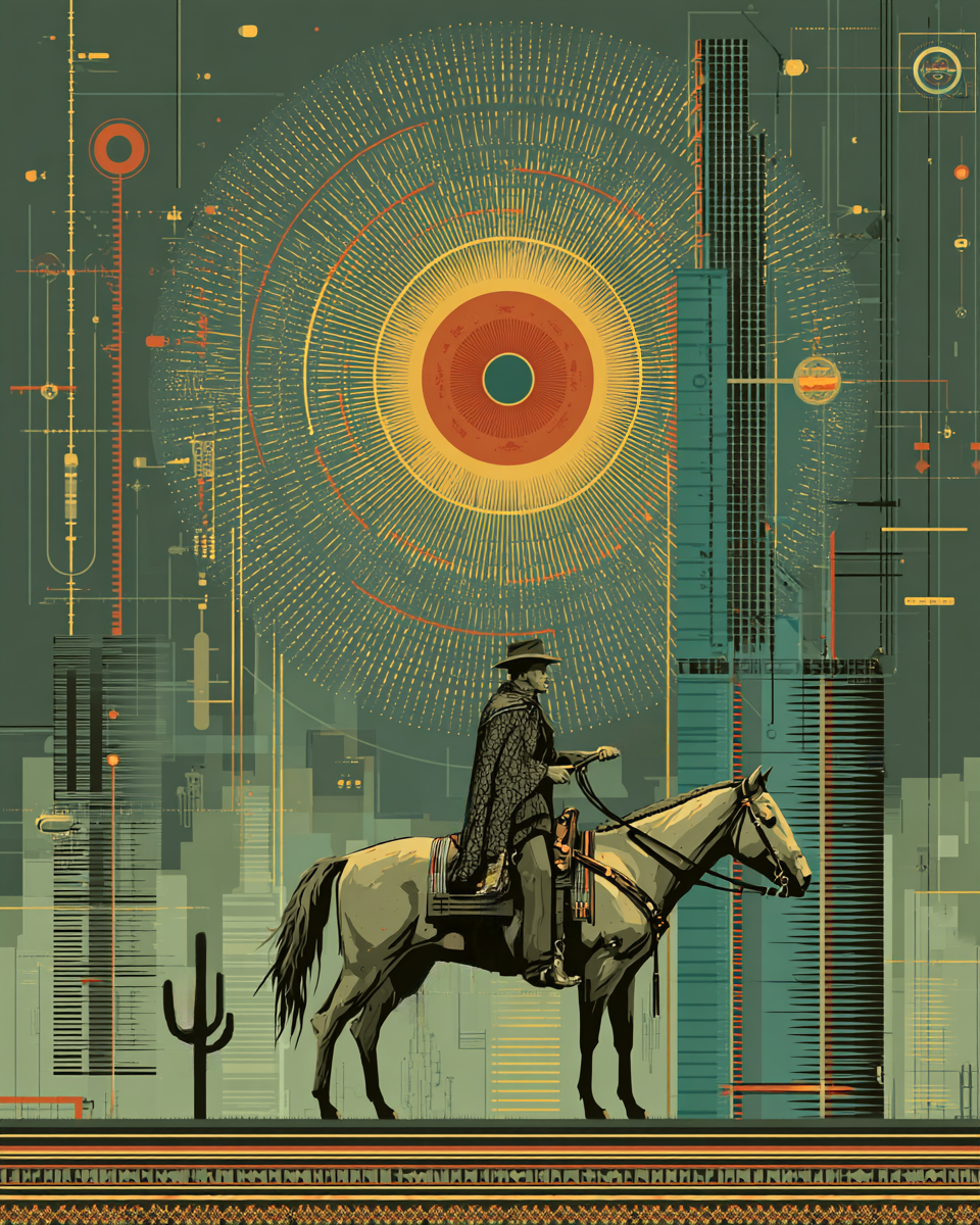 Abstract Cowboy on Horse Under Desert Sun Southwestern Art Print