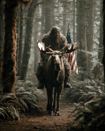 Bigfoot with the American Flag While Riding a Moose