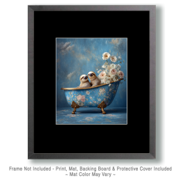 Two Sloths in Blue Floral Bathtub - Art for the Bathroom