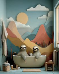 Mid-Century Modern Sloths in a Bathtub - Art Prints for the Bathroom