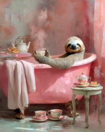 Sloth in Pink Bathtub Having Tea - Art Prints for the Bathroom