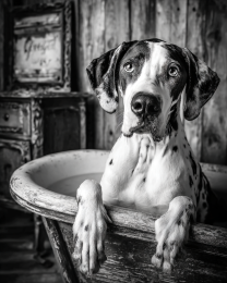 Black and White Curious Great Dane in Bathtub - Art Prints for the Bathroom