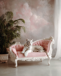 White Tiger on Pink Chaise Lounge - Art Prints for the Bathroom