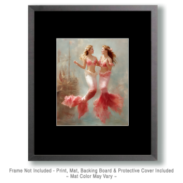 Two Pink Mermaids - Coastal Art
