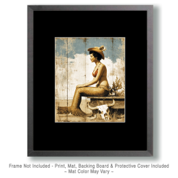Vintage Cowgirl Mermaid Sitting on Dock - Coastal Art