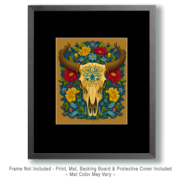 Stylized Steer Skull and Flowers Southwestern Art