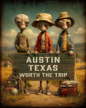 Aliens Worth The Trip - Austin, Texas  Souvenir Art Print
