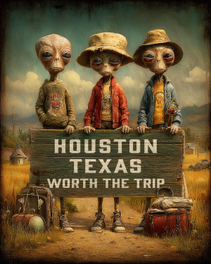 Aliens Worth The Trip - Houston, Texas  Souvenir Art Print