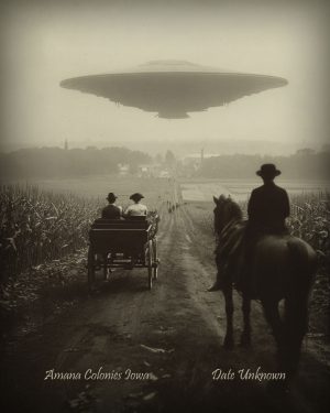 Amana Colonies, Iowa - Alien Flying Saucer Over Town - Vintage Style Agriculture Cryptid Photo