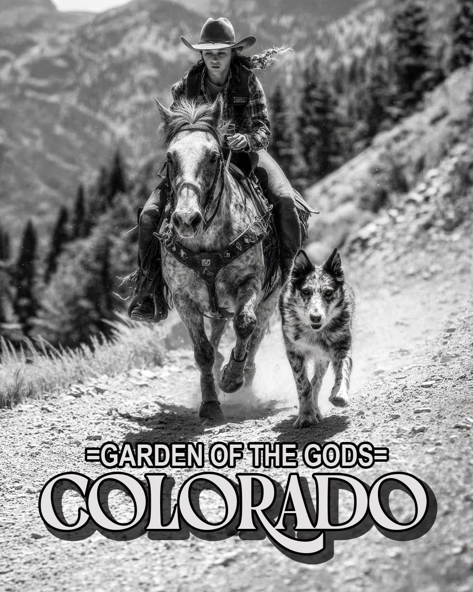 Antique Style Cowgirl and Dog - Garden of the Gods Souvenir Art Print