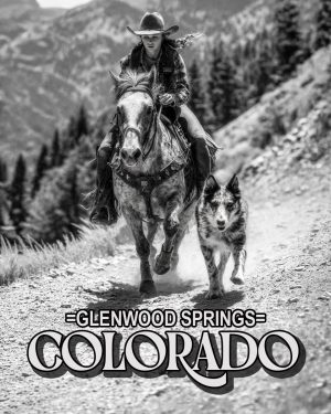 Antique Style Cowgirl and Dog -  Glenwood Springs Souvenir Art Print