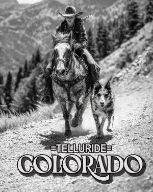 Antique Style Cowgirl and Dog -  Telluride Souvenir Art Print