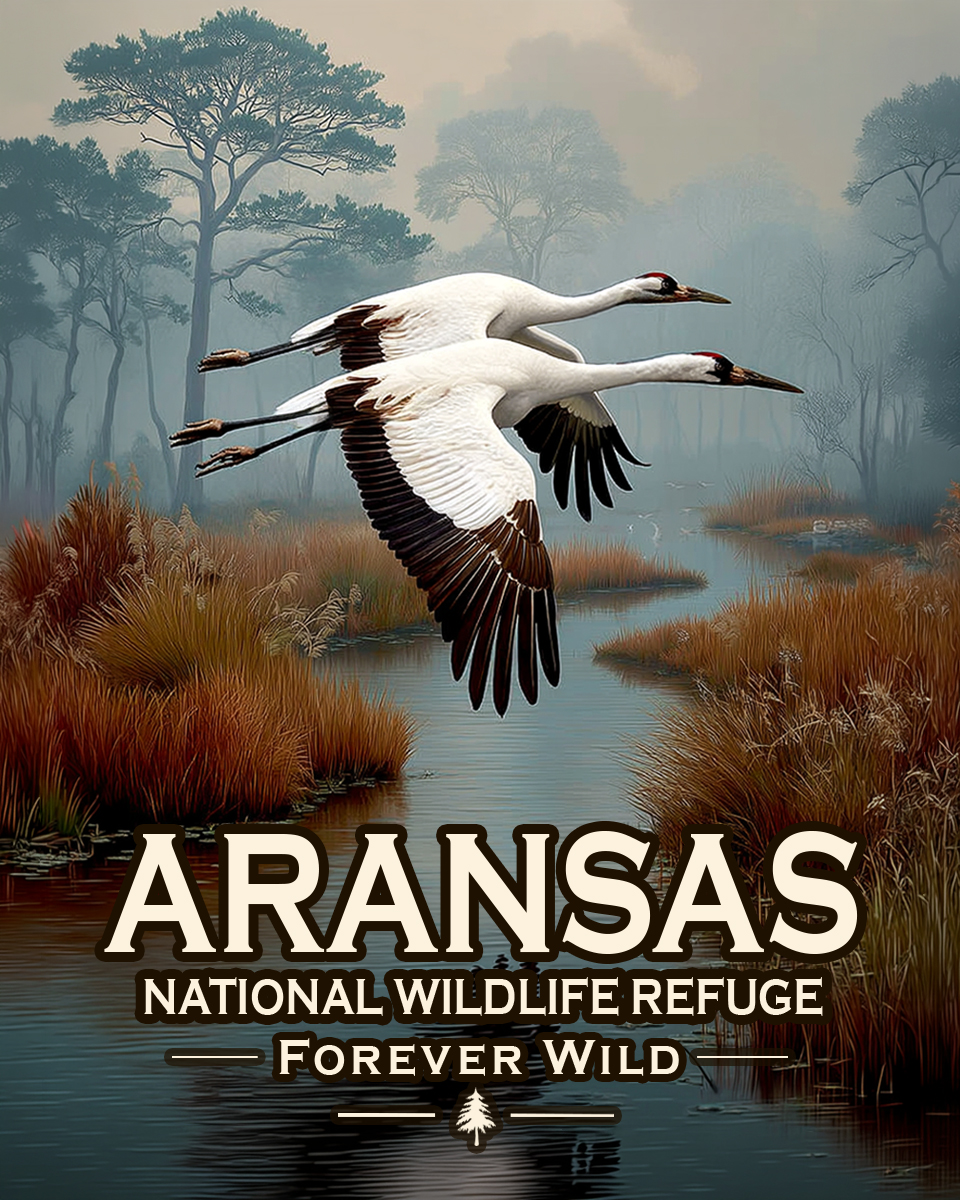 Aransas National Wildlife Refuge Texas - Forever Wild - Souvenir Whooping Crane Art Print