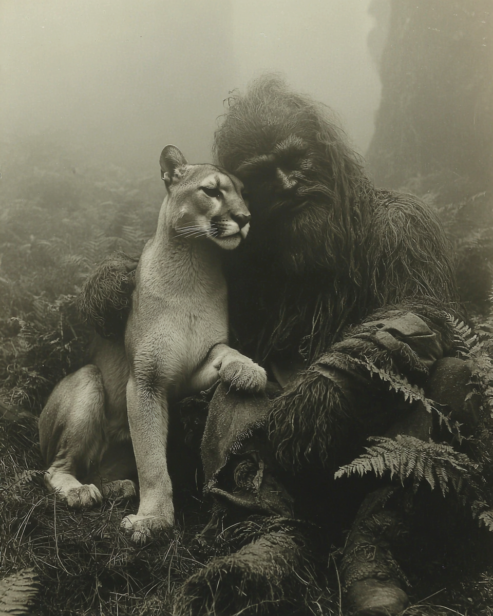 Mountain Lion with His Pet - Vintage Bigfoot Art Prints