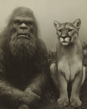 Posing With His Pet Mountain Lion - Vintage Bigfoot Art Prints