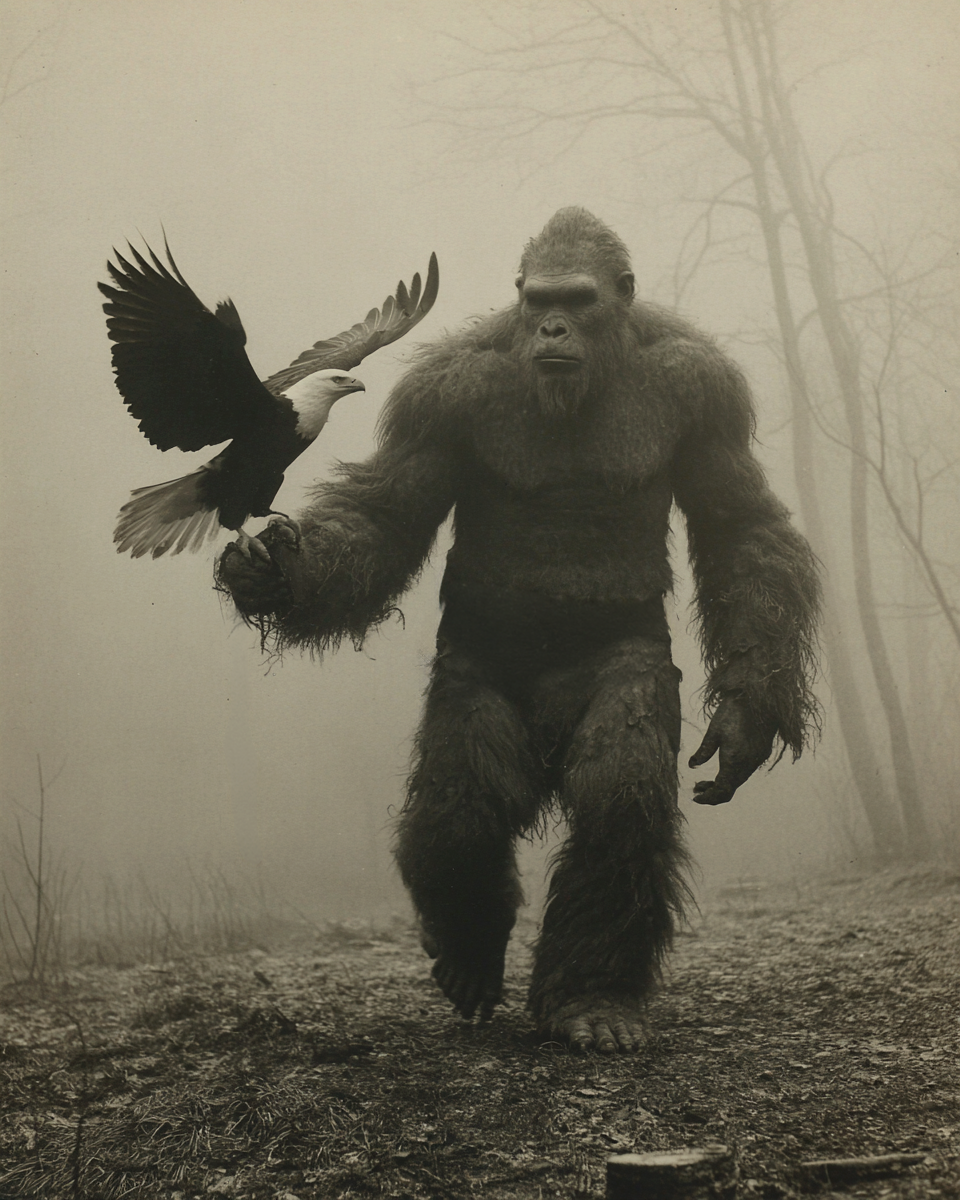 With a Bald Eagle - Vintage Bigfoot Art Prints