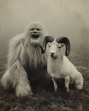 Murrey the Sasquatch with His Unimpressed Ram - Vintage Bigfoot Art Print