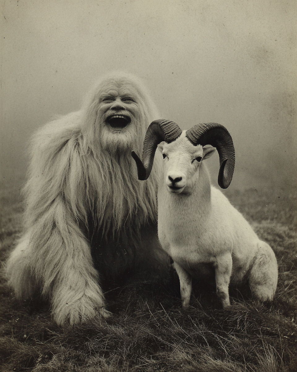 Murrey the Sasquatch with His Unimpressed Ram - Vintage Bigfoot Art Print