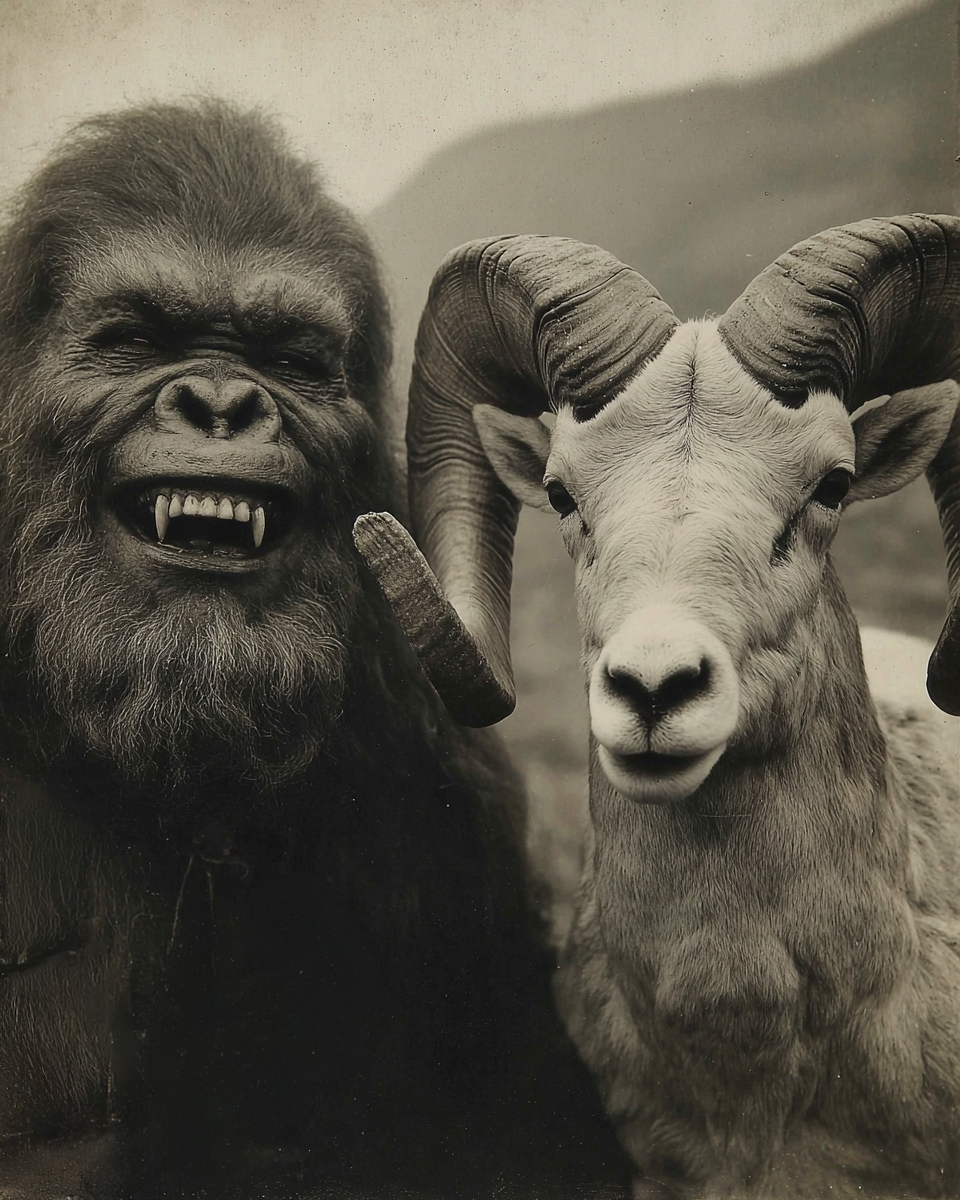 Freddy & Gregory Pose for a Photo - Vintage Bigfoot Art Print