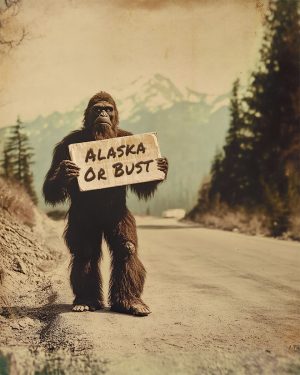 Bigfoot Hitchhiking to Alaska on a Mountain Road