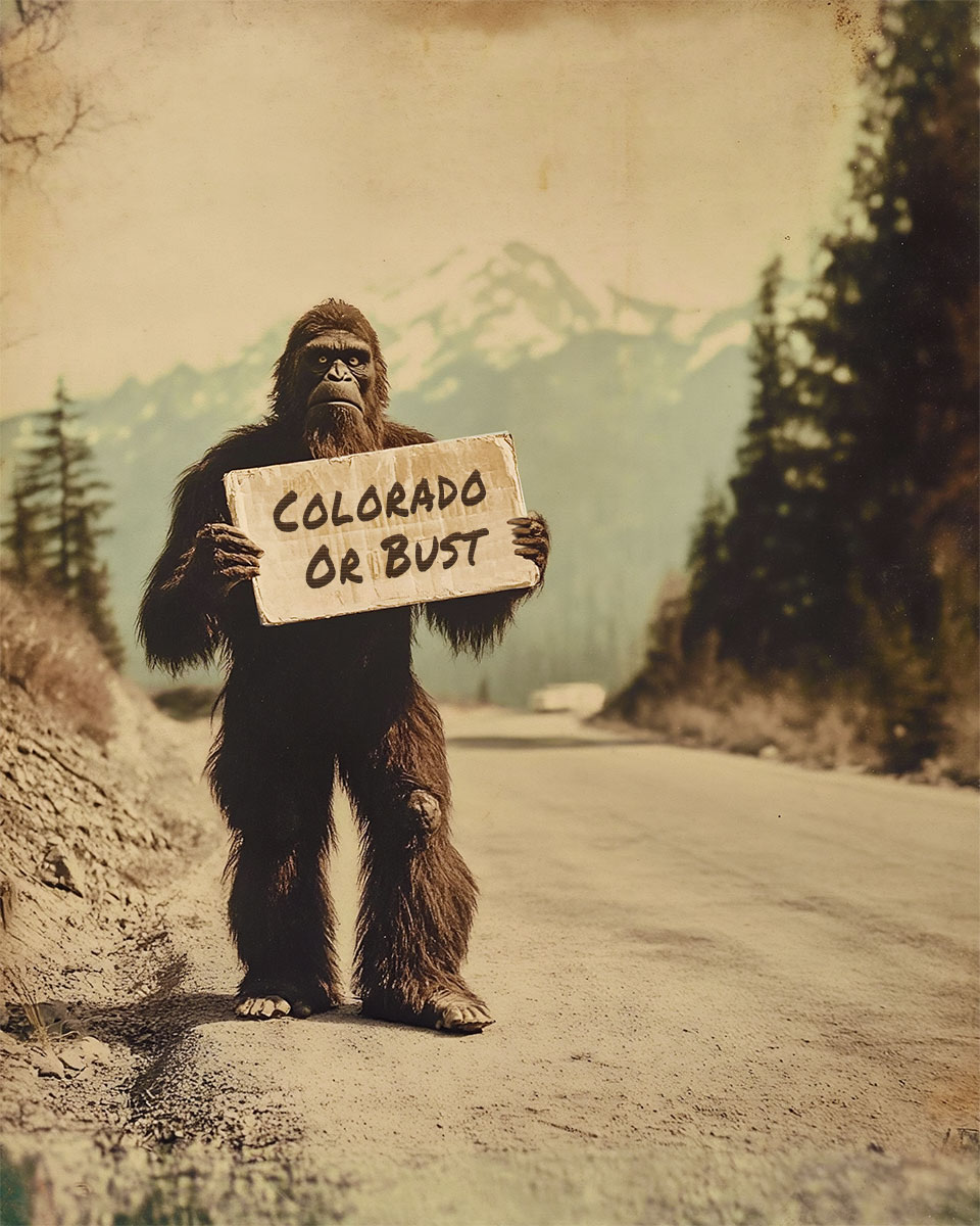 Bigfoot Hitchhiking to Colorado on a Mountain Road