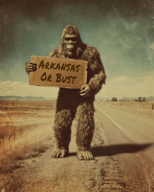 Bigfoot Hitchhiking to Kansas on a Country Road