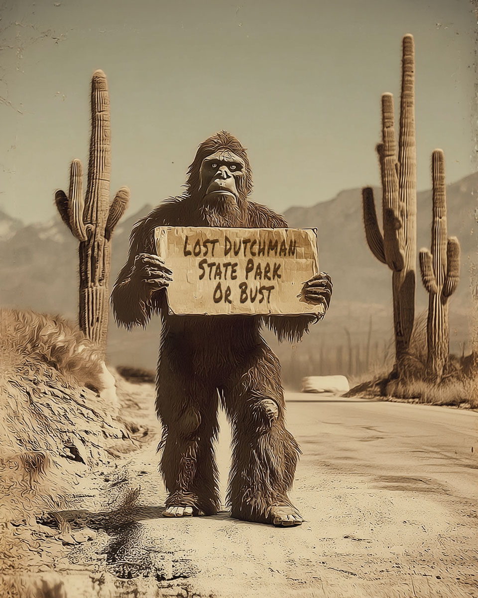 Bigfoot Hitchhiking to Lost Dutchman State Park on a Desert Road