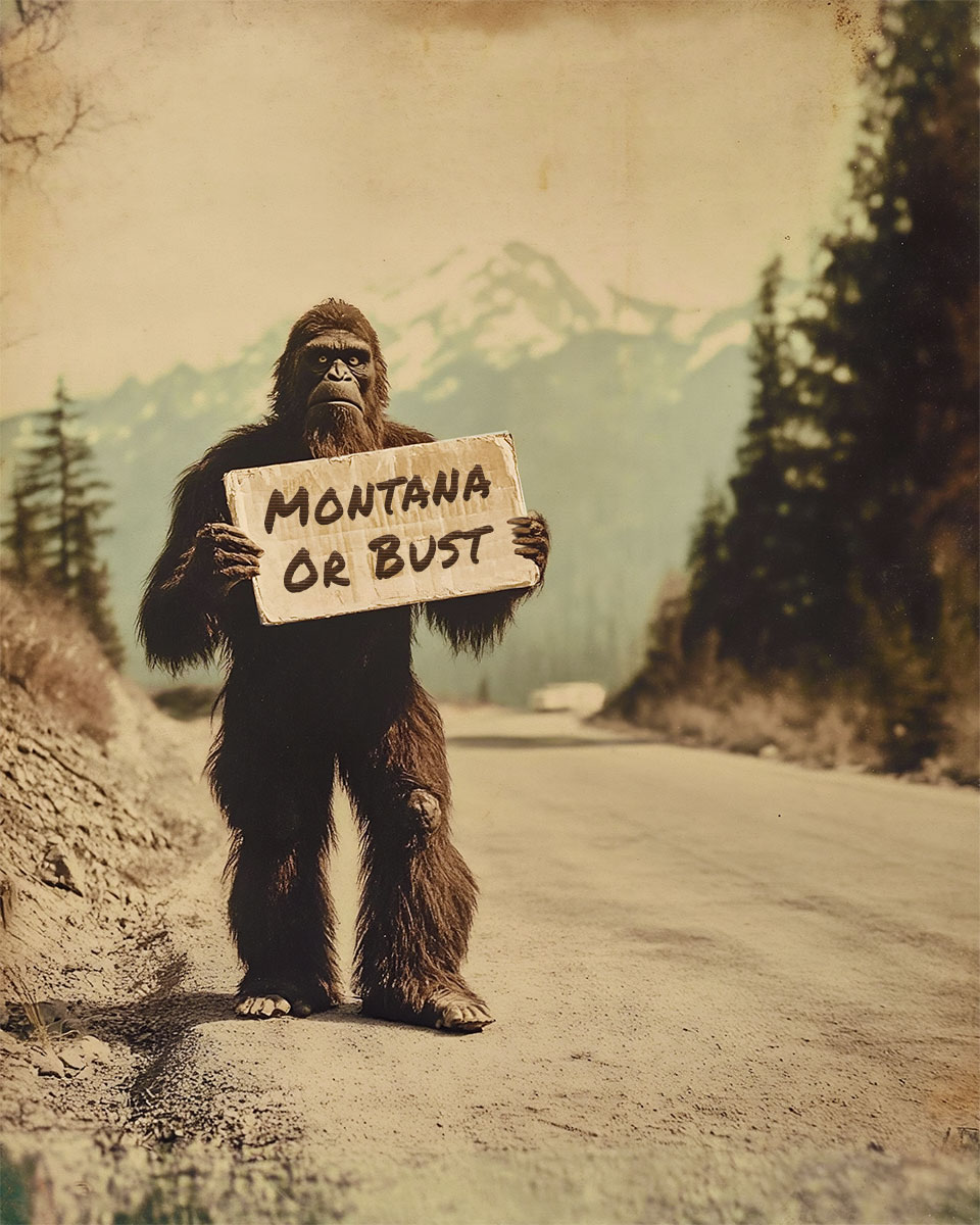 Bigfoot Hitchhiking to Montana on a Mountain Road