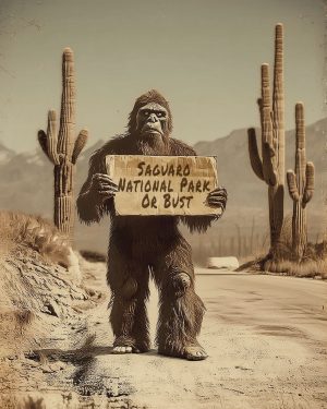 Bigfoot Hitchhiking to Saguaro National Park on a Desert Road