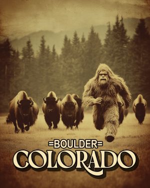 Bigfoot Running from Bison - Boulder Colorado Souvenir Art Print.jpg