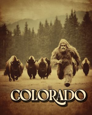 Bigfoot Running from Bison Herd - Colorado Souvenir Art Print