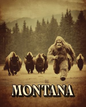 Bigfoot Running from Bison Herd -  Montana Souvenir Art Print