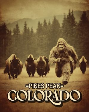 Bigfoot Running from Bison Herd -  Pikes Peak Souvenir Art Print