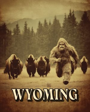 Bigfoot Running from Bison Herd -  Wyoming Souvenir Art Print